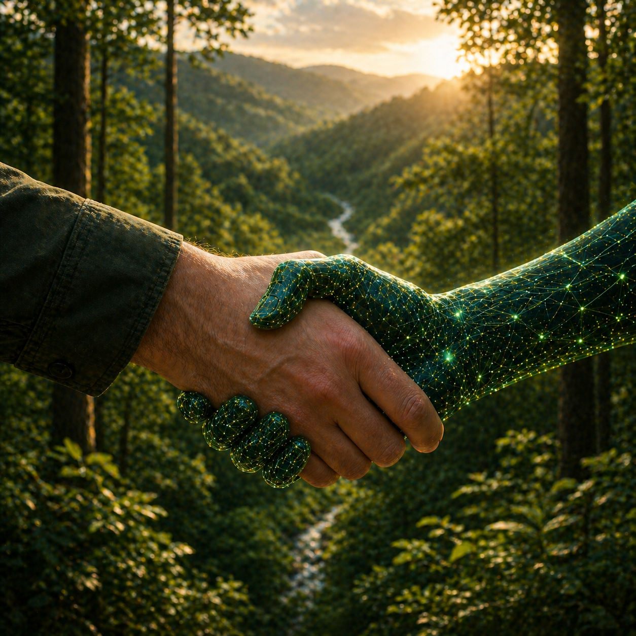 Mão humana apertando uma mão digital, representando a colaboração entre pessoas e tecnologia